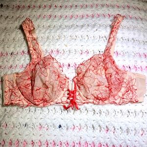 Savage Fenty Lace Embroidered Underwire Bra in Peach with Red Accents 40c